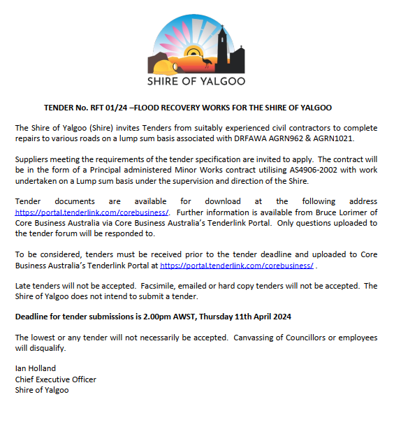 Tender No. RFT 01/24 - FLOOD RECOVERY WORKS FOR THE SHIRE OF YALGOO