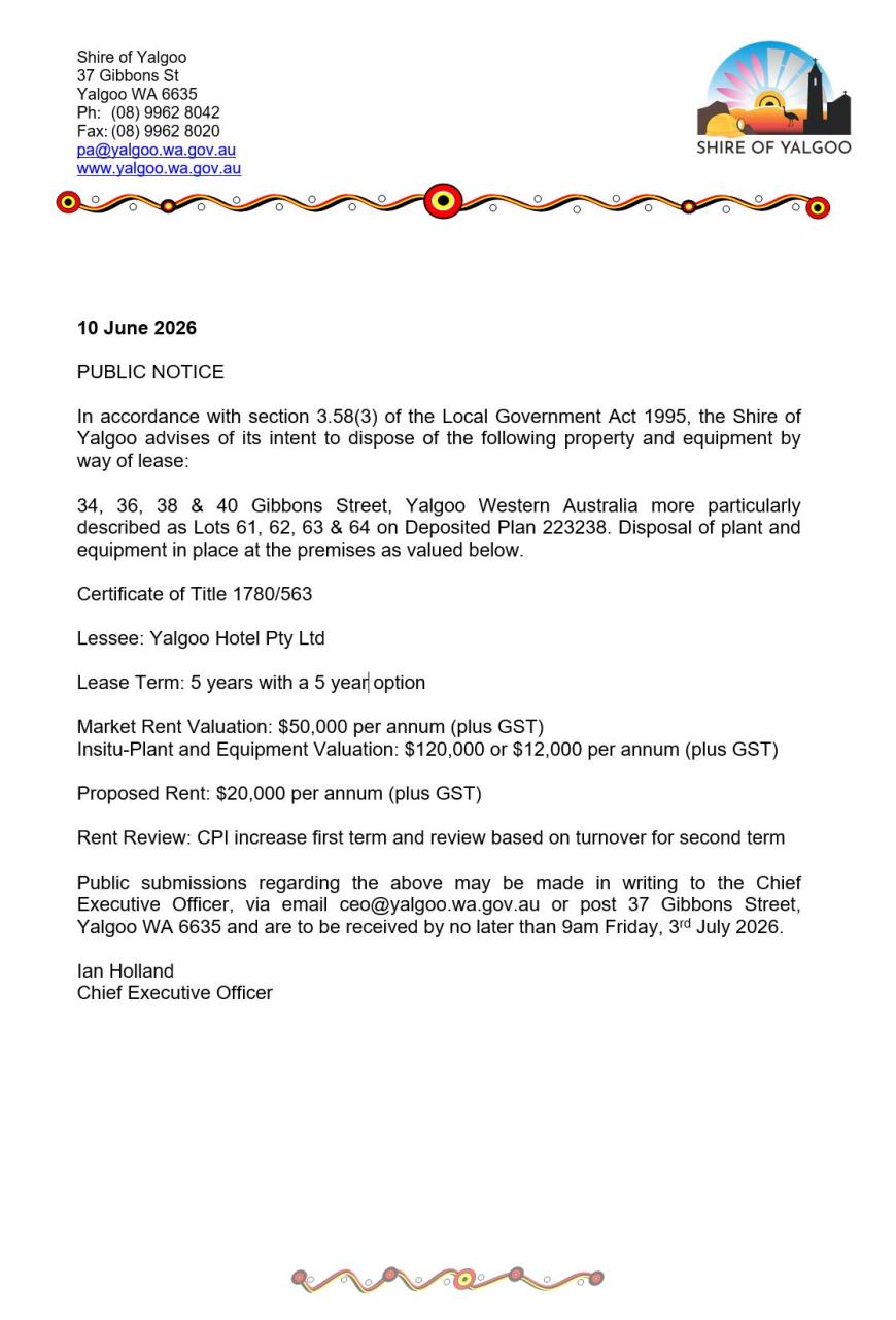 Public Notice - Lease of Yalgoo Hotel